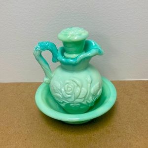 Vintage teal Avon bath oil bottle and dish
